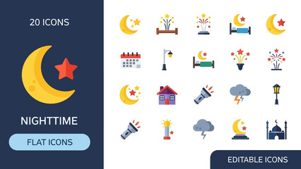 Collection of nighttime icons featuring moon, stars, clouds, and buildings in a flat design style