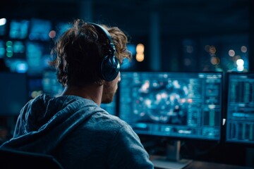 Close-up View of Cybersecurity Analyst Monitoring Network Activity in a Dark Security Operations Center Room