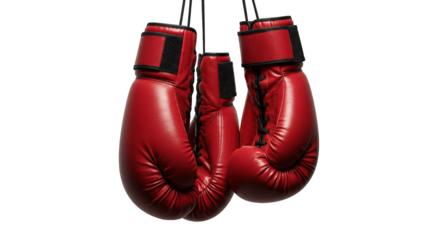 Red boxing gloves for sports and fitness, isolated on transparent background.