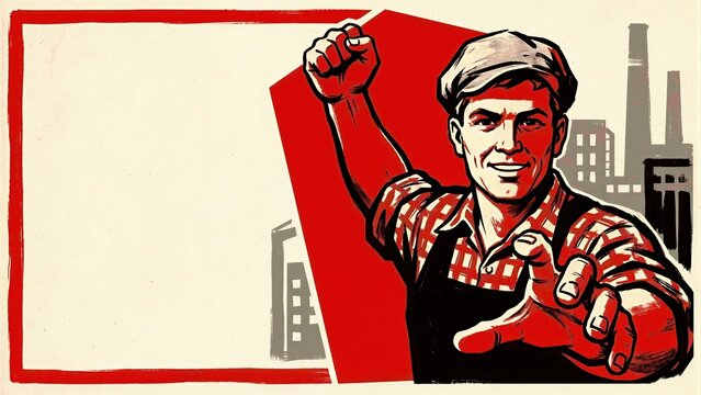 Retro propaganda poster of a worker man with raised fist and pointing finger. Vintage illustration in constructivist style for political protest.