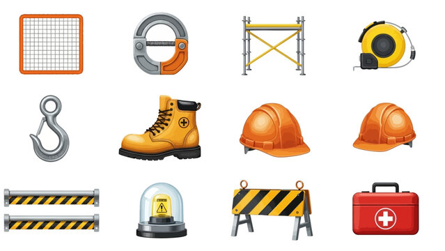 Collection of safety equipment and tools for industrial work environment viewed from directly above