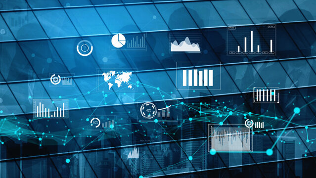A modern representation of data visualization with various business graphs overlaying a glass building, illustrating the concept of analytics and digital growth in urban settings. Xenic - Powered by Adobe