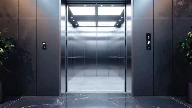 Modern elevator interior with sleek l doors and illuminated accents, creating a sophisticated atmosphere.