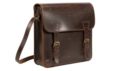 Vintage leather messenger bag satchel for mail on transparent background png (चमड़े का थैला)