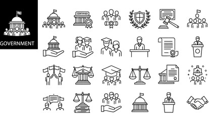 Government related icons set, illustration of various government institutions and symbols displayed in a grid layout