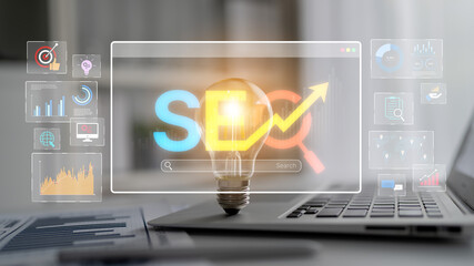 SEO concept for improving SEO visibility, with SEO related digital tools and SEO performance icons shown in an focused layout for strategic marketing. Spline