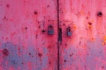 neglected industrial entrance, old metal door with rust, chipped paint, multiple padlock hasps, and dents