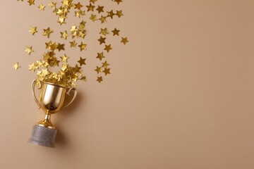 Golden trophy with falling stars on beige background