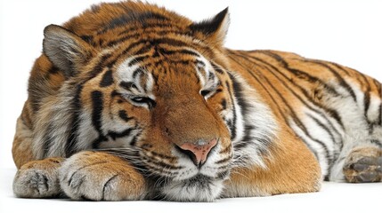 A beautiful tiger lies quietly showcasing its rich fur patterns and relaxed demeanor in this serene moment.