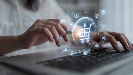 Concept of e-commerce and online shopping technology. A digital marketplace with a customer shopping cart, payment options, and worldwide delivery for a complete retail experience. Fermion