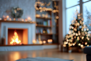Modern living room on blurry background with fireplace. Decorated Christmas three with bokeh lights.