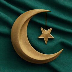 Golden crescent moon and star on green textured fabric background
