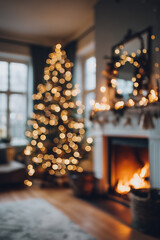 Modern living room on blurry background with fireplace. Decorated Christmas three with bokeh lights.