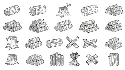 Various wood logs and timber illustrations in different orientations and cuts, showcasing forestry elements in a detailed and artistic manner from a straightforward viewpoint.
