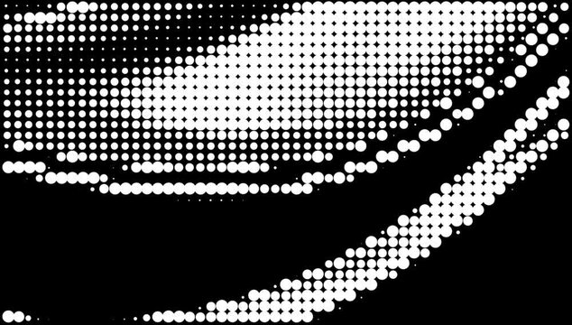 White halftone dots forming curved abstract shapes in motion on black background, retro futuristic dot pattern for digital art, modern video design, visual effects and graphic overlays