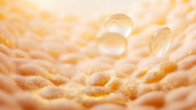 Golden liquid serum droplets penetrating and being absorbed into a cellular human skin surface, illustrating hydration, rejuvenation, and cellular repair processes for skin health and beauty