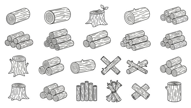 Various wood logs and timber illustrations in different orientations and cuts, showcasing forestry elements in a detailed and artistic manner from a straightforward viewpoint.