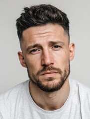 Obraz premium Close up portrait of man with neutral facial expression looking at camera. Headshot for profile picture or identification document.