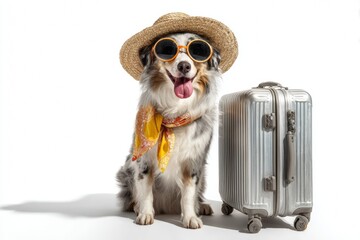 Happy Dog With Suitcase Ready for Vacation in Summer Clothes With Sun Hat and Sunglasses