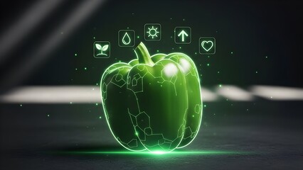 Glowing green bell pepper with digital agricultural icons and molecular structure overlays, agrotech and food science technology concept