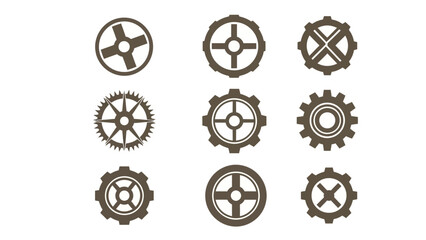 A collection of mechanical gears and cogs displayed in a grid pattern, showcasing various designs and structures, viewed from a straightforward perspective, relating to industry and technology.