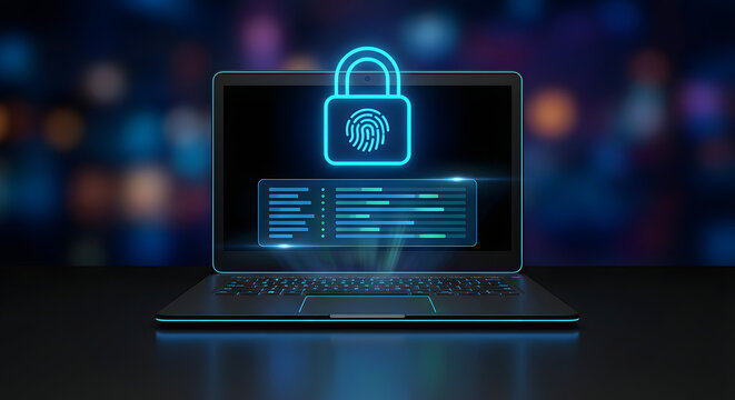 laptop computer displaying glowing blue biometric fingerprint scanner and padlock icon on screen for secure data protection cyber security authentication and digital privacy - Powered by Adobe