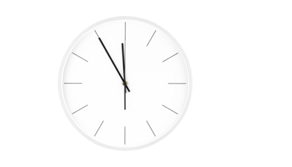 Modern White wall clock with minimalist design featuring clean white face and precise hour markers for contemporary office or home interior decoration.