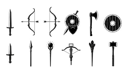 Ancient medieval battle armor and weapon symbols set isolated on a clean background, showcasing swords, shields, and bows from various historical periods.