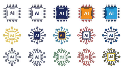 A collection of AI-themed microchip icons in various colors and designs, showcasing different styles and creativity in a grid layout.
