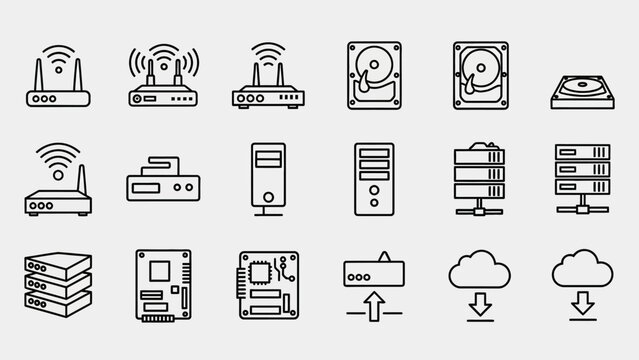 Collection of technical icons representing various computer hardware and networking devices in a grid layout