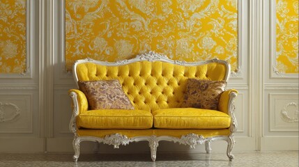 A bright yellow sofa with intricate design sits against a lively patterned wall creating a cheerful atmosphere.