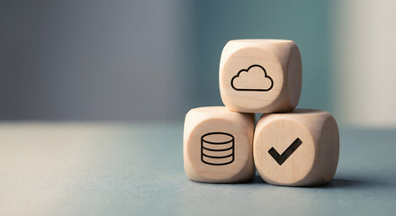 three wooden dice stacked with cloud computing database server and checkmark icons representing successful data backup storage solution and synchronized network technology services