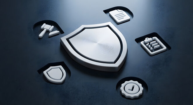 3d silver shield icon surrounded by law gavel document and checklist symbols on dark textured background representing legal protection compliance insurance and data security