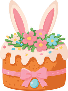 A cute Easter cake decorated with white dripping icing, pastel flowers, bunny ears, and a pink ribbon with a small blue egg in a flat vector style.