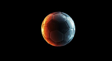 A soccer ball with orange and blue panels on black background