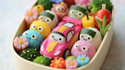 Naklejka premium A creative and colorful bento box filled with rice balls, vegetables, and a pink car