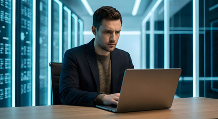 focused male IT professional in suit working on laptop in modern high tech data center server room environment for cybersecurity network management and cloud computing infrastructure