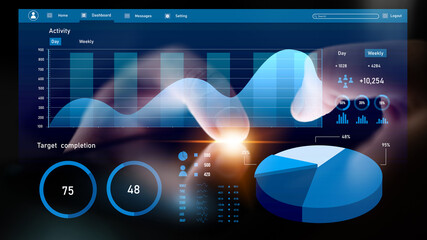 A dynamic digital interface featuring data visualization elements such as charts, graphs, and performance metrics, ideal for business analytics and reporting. Impute