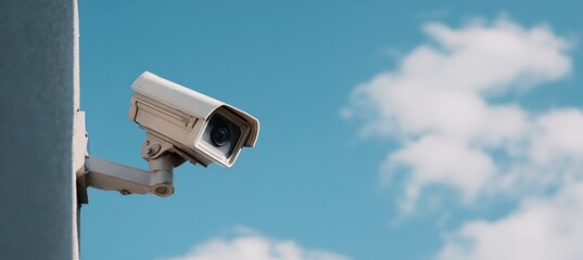 Outdoor security camera against clear blue sky with clouds