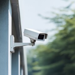 Outdoor security camera on building wall against blurred green background