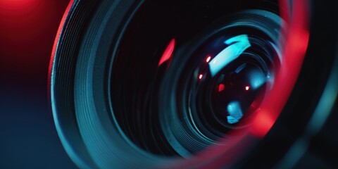 Close-up of camera lens with red and blue reflections