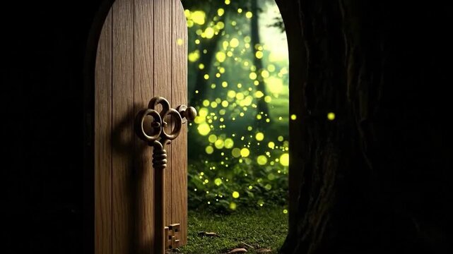 Mysterious wooden door opening to a magical forest with glowing lights, fantasy concept.