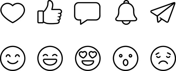 Social media interaction icons set. Like, comment, share, notification and user engagement outline symbols