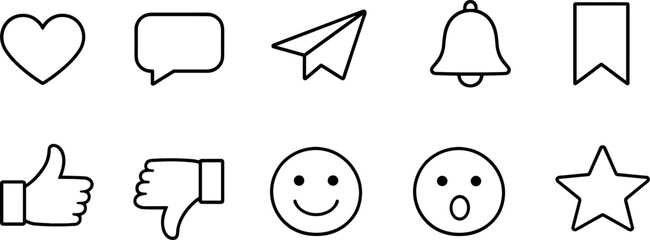 Social media interaction icons set. Like, comment, share, notification and user engagement outline symbols