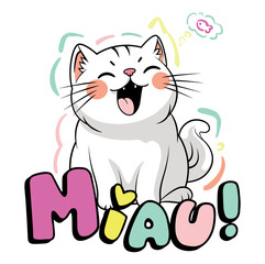 Fototapeta premium Cute kawaii style illustration of a happy cartoon cat with pastel colors and playful expression. Perfect for stickers, t-shirt designs, kids products, greeting cards, stationery, and cute merchandise.