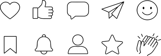 Social media interaction icons set. Like, comment, share, notification and user engagement outline symbols