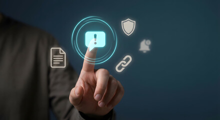 person interacting with glowing digital warning alert icon and system error symbols representing cybersecurity risk management data breach notification and technical support