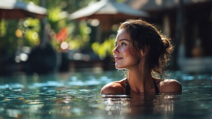Fototapeta premium Young caucasian female relaxing in tropical resort pool