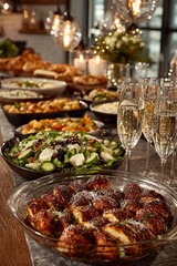Obraz premium Buffet table full of New Yeara??s Eve dishes and drinks, festive indoor setup