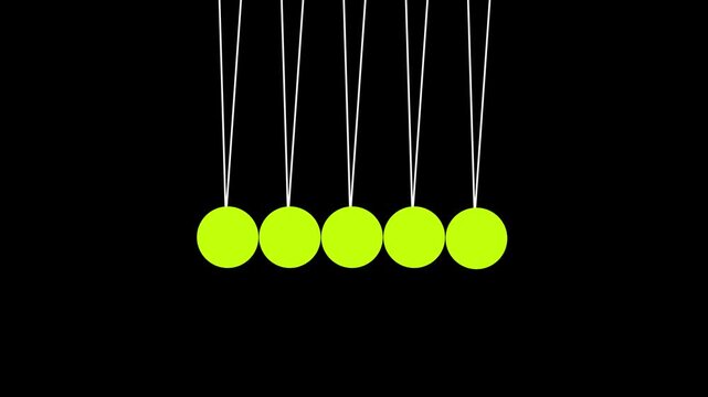 Newton's Cradle seamless looping animation concept. Hanging ball and swing motion. Close-up view of smooth motion of metallic balls in Newton's cradle. Kinetic pendulum